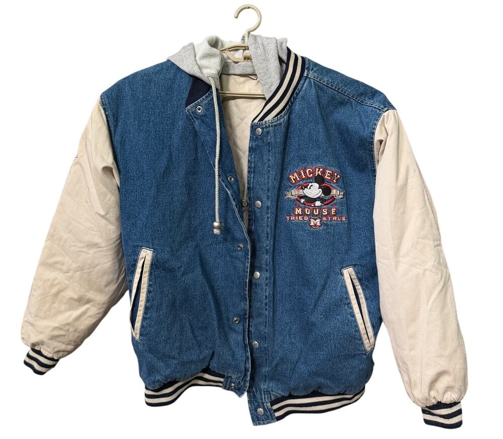 Disneyland Resort Varsity Jacket Mens L Mickey Mouse Denim Quilted Hooded 90s